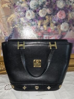 MCM Black Leather Top-Handle Tote with Gold Hardware